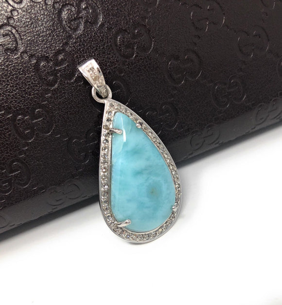 Larimar Gemstone Pendant, Sterling Silver Pave Diamond Pendant, Natural Gemstone Jewelry, Gifts for Her, Wholesale Jewelry Supplies