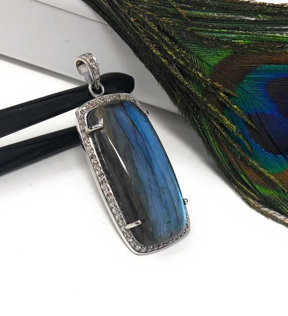 Labradorite Pave Diamond Pendant, Labradorite Gemstone Pendant, Sterling Silver Jewelry, DIY Wholesale Pendants , Gifts for Her