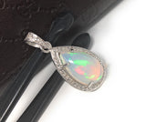 Ethiopian Opal Pendant, Gemstone Pendant, Diamond Pendant, Sterling Silver Opal Pendant, Pave Diamond Jewelry, Gifts for Her
