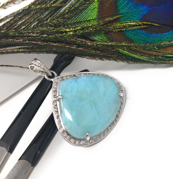 Larimar Gemstone Pendant, Sterling Silver Pave Diamond Pendant, Natural Gemstone Jewelry, Gifts for Her, Wholesale Jewelry Supplies