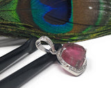 Pink Tourmaline Pendant, Gemstone Pendant, Pave Diamond Pendant, Sterling Silver Tourmaline Slice Pendant, October Birthstone Jewelry
