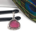 Watermelon Tourmaline Diamond Pendant, Gemstone Pendant, Sterling Silver Watermelon Tourmaline Slice Pendant, October Birthstone Jewelry