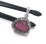 Watermelon Tourmaline Diamond Pendant, Gemstone Pendant, Sterling Silver Watermelon Tourmaline Slice Pendant, October Birthstone Jewelry