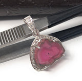 Pink Tourmaline Pendant, Gemstone Pendant, Sterling Silver Tourmaline Slice Pave Diamond Pendant, October Birthstone Jewelry