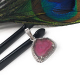 Pink Tourmaline Pendant, Gemstone Pendant, Sterling Silver Tourmaline Slice Pave Diamond Pendant, October Birthstone Jewelry