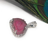 Pink Tourmaline Pendant, Gemstone Pendant, Sterling Silver Tourmaline Slice Pave Diamond Pendant, October Birthstone Jewelry