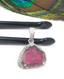 Pink Tourmaline Pendant, Gemstone Pendant, Sterling Silver Tourmaline Slice Pave Diamond Pendant, October Birthstone Jewelry