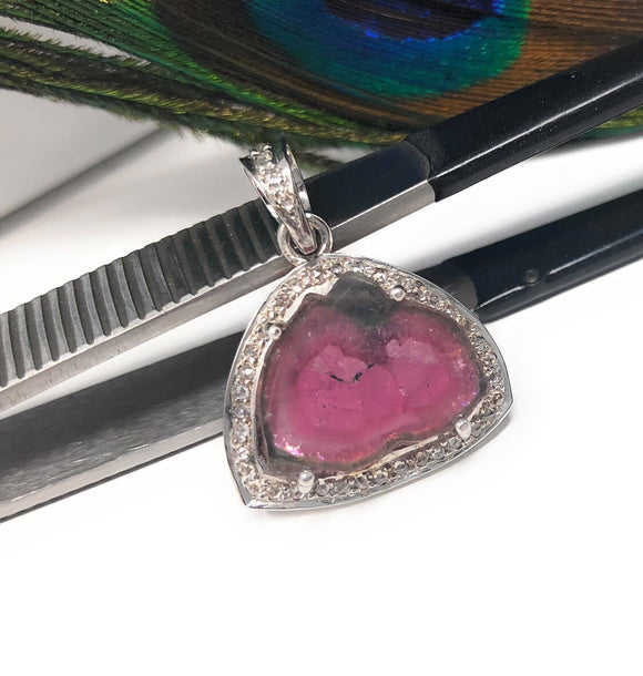 Pink Tourmaline Pendant, Gemstone Pendant, Pave Diamond Pendant, Sterling Silver Pink Tourmaline Slice Pendant, October Birthstone Jewelry