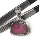 Pink Tourmaline Pendant, Gemstone Pendant, Pave Diamond Pendant, Sterling Silver Pink Tourmaline Slice Pendant, October Birthstone Jewelry