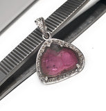 Watermelon Tourmaline Diamond Pendant, Gemstone Pendant, Sterling Silver Watermelon Tourmaline Slice Pendant, October Birthstone Jewelry