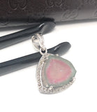 Watermelon Tourmaline Diamond Pendant, Gemstone Pendant, Sterling Silver Watermelon Tourmaline Slice Pendant, October Birthstone Jewelry