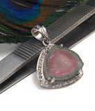 Watermelon Tourmaline Diamond Pendant, Gemstone Pendant, Sterling Silver Watermelon Tourmaline Slice Pendant, October Birthstone Jewelry