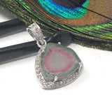 Watermelon Tourmaline Diamond Pendant, Gemstone Pendant, Sterling Silver Watermelon Tourmaline Slice Pendant, October Birthstone Jewelry