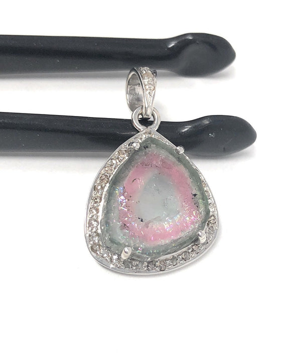 Watermelon Tourmaline Diamond Pendant, Gemstone Pendant, Sterling Silver Watermelon Tourmaline Slice Pendant, October Birthstone Jewelry
