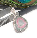 Watermelon Tourmaline Diamond Pendant, Gemstone Pendant, Sterling Silver Watermelon Tourmaline Slice Pendant, October Birthstone Jewelry