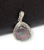 Watermelon Tourmaline Diamond Pendant, Gemstone Pendant, Sterling Silver Watermelon Tourmaline Slice Pendant, October Birthstone Jewelry