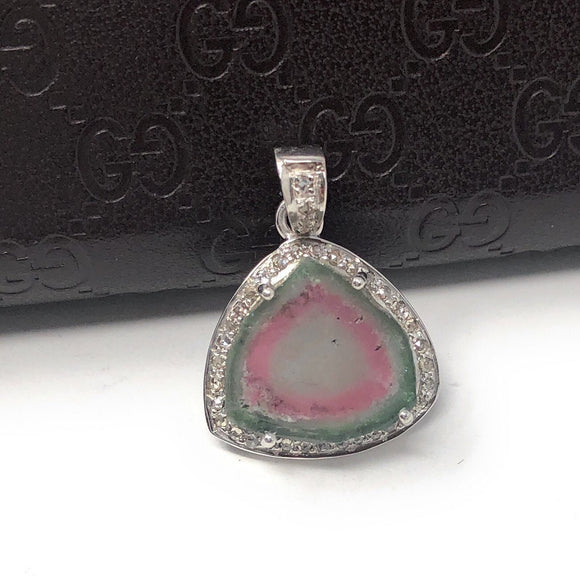 Watermelon Tourmaline Diamond Pendant, Gemstone Pendant, Sterling Silver Watermelon Tourmaline Slice Pendant, October Birthstone Jewelry
