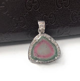 Watermelon Tourmaline Diamond Pendant, Gemstone Pendant, Sterling Silver Watermelon Tourmaline Slice Pendant, October Birthstone Jewelry