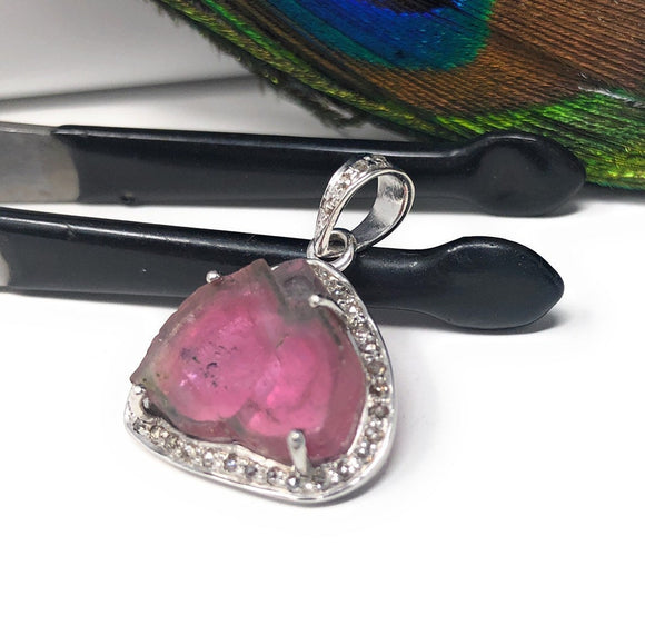 Watermelon Tourmaline Diamond Pendant, Gemstone Pendant, Sterling Silver Watermelon Tourmaline Slice Pendant, October Birthstone Jewelry