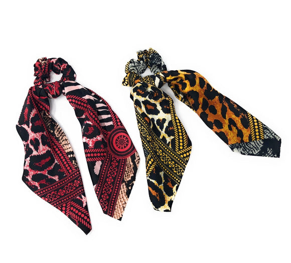 Set of 2, Printed Satin Scrunchies for Women, Ponytail Holder Hair Tie for Girls, Long Tail Scarf Scrunchies for Women, Gifts for Girls