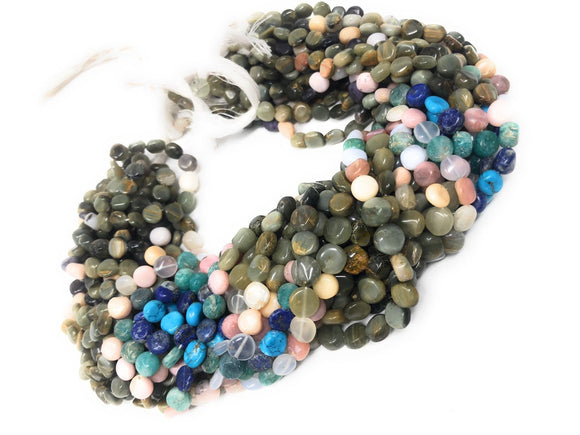 Natural Multi Stone Gemstone Coin Beads, Mix Stone Gemstone Beads, Bulk Wholesale Beads for Jewelry Making, 7-9mm, 14.5