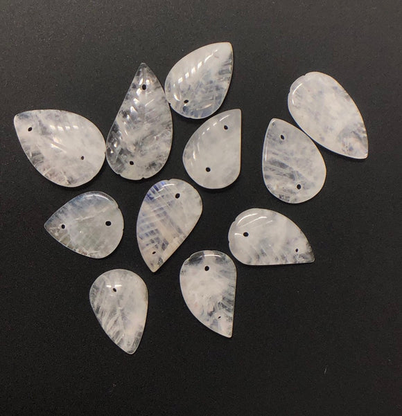 11 Pcs Lot of Moonstone Carved Leaf Beads - Front Top Drilled and Bottom Drilled, Rainbow Moonstone Carved Leaf Beads, Bulk Beads