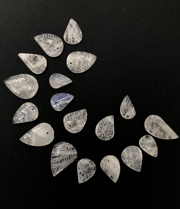 19 Pieces Lot of Moonstone Carved Leaf Beads - Top Drilled, Rainbow Moonstone Carved Leaf Beads, Bulk Beads, Loose Gemstone Beads
