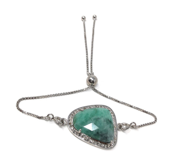 Emerald Bracelet, Natural Emerald Pave Diamond Bracelet, Sterling Silver Adjustable Bolo Bracelet, Gemstone Bracelet, Jewelry Gifts for Her