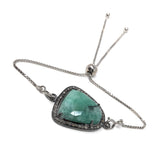 Natural Emerald Pave Diamond Bracelet, Emerald Bracelet, Oxidized Sterling Silver Adjustable Bolo Bracelet, Gemstone Bracelet