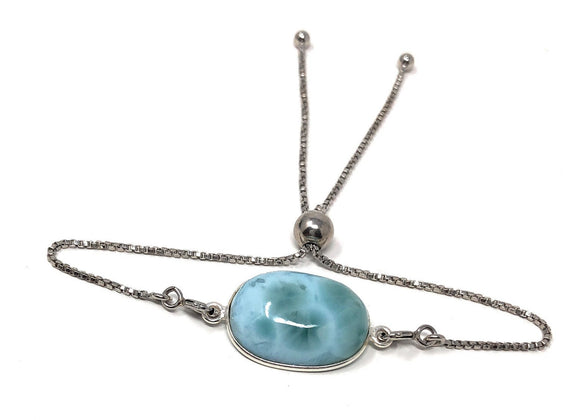 Larimar Gemstone Bracelet, Sterling Silver Adjustable Bolo Bracelet, AAA Quality Dominican Republic Larimar Bracelet, Gifts for Her