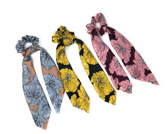 Printed Floral Satin Scrunchies for Women, Ponytail Holder Hair Tie for Girls, Long Tail Scarf Scrunchies for Women, Scarf Scrunchies