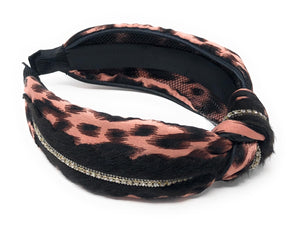 Wide Leopard Print Knotted Rhinestone Headband for Girls, Vintage Style Turban Hairband, 1 Pc