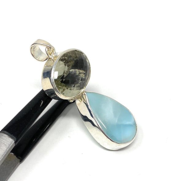 Larimar and Green Amethyst Gemstone Pendant, Larimar Pendant, Prasiolite Pendant, Sterling Silver Jewelry, Bohemian Jewelry, Gifts for Her