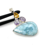 Natural Larimar with Amethyst and Citrine Gemstone Pendant, Sterling Silver Jewelry, Larimar Pendant, Amethyst Pendant, Bohemian Jewelry