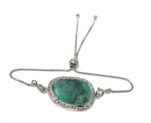 Emerald Bracelet, Natural Emerald Pave Diamond Bracelet, Sterling Silver Adjustable Bolo Bracelet, Gemstone Bracelet