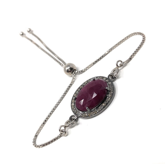 Natural Ruby Pave Diamond Bracelet , Sterling Silver Adjustable Bolo Bracelet, Gemstone Bracelet, Jewelry Gifts for Her