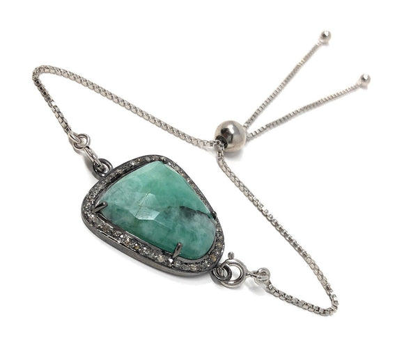 Natural Emerald Pave Diamond Bracelet, Emerald Bracelet, Oxidized Sterling Silver Adjustable Bolo Bracelet, Gemstone Bracelet