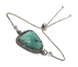 Natural Emerald Pave Diamond Bracelet, Emerald Bracelet, Oxidized Sterling Silver Adjustable Bolo Bracelet, Gemstone Bracelet