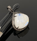 Moonstone Pendant, Gemstone Pendant, Diamond Pendant, Pave Diamond Pendant - Oxidized Sterling Silver Rainbow Moonstone Pendant