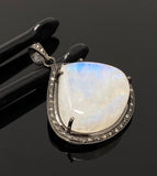 Moonstone Pendant, Gemstone Pendant, Diamond Pendant, Pave Diamond Pendant - Oxidized Sterling Silver Rainbow Moonstone Pendant