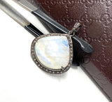 Moonstone Pendant, Gemstone Pendant, Diamond Pendant, Pave Diamond Pendant - Oxidized Sterling Silver Rainbow Moonstone Pendant