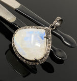 Moonstone Pendant, Gemstone Pendant, Diamond Pendant, Pave Diamond Pendant - Oxidized Sterling Silver Rainbow Moonstone Pendant