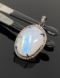 Rainbow Moonstone Gemstone Pendant, Diamond Pendant, Gemstone Pendant, Pave Diamond Pendant, Moonstone Pendant, Sterling Silver Jewelry