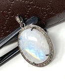 Rainbow Moonstone Gemstone Pendant, Diamond Pendant, Gemstone Pendant, Pave Diamond Pendant, Moonstone Pendant, Sterling Silver Jewelry