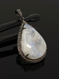 Moonstone Pendant, Gemstone Pendant, Diamond Pendant, Pave Diamond Pendant - Oxidized Sterling Silver Rainbow Moonstone Pendant