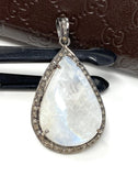 Moonstone Pendant, Gemstone Pendant, Diamond Pendant, Pave Diamond Pendant - Oxidized Sterling Silver Rainbow Moonstone Pendant