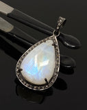 Moonstone Pendant, Gemstone Pendant, Diamond Pendant, Pave Diamond Pendant - Oxidized Sterling Silver Rainbow Moonstone Pendant