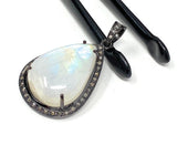 Moonstone Pendant, Gemstone Pendant, Diamond Pendant, Pave Diamond Pendant - Oxidized Sterling Silver Rainbow Moonstone Pendant