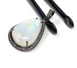Moonstone Pendant, Gemstone Pendant, Diamond Pendant, Pave Diamond Pendant - Oxidized Sterling Silver Rainbow Moonstone Pendant