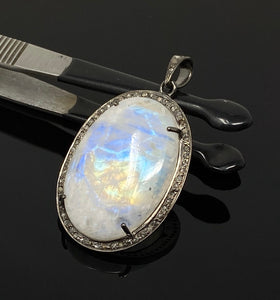 Rainbow Moonstone Gemstone Pendant, Diamond Pendant, Gemstone Pendant, Pave Diamond Pendant, Moonstone Pendant, Sterling Silver Jewelry